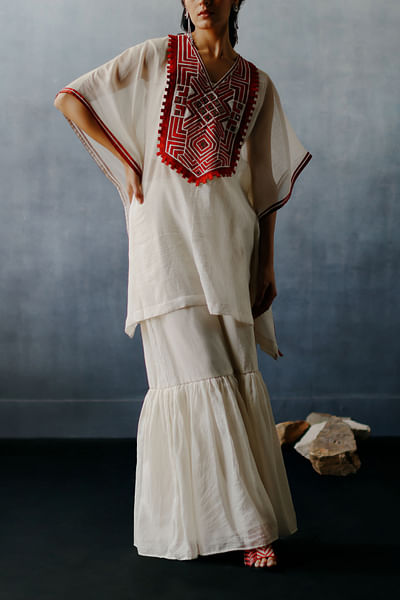 White mirror work kaftan set