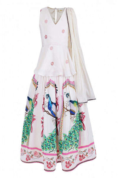 White peacock printed lehenga set