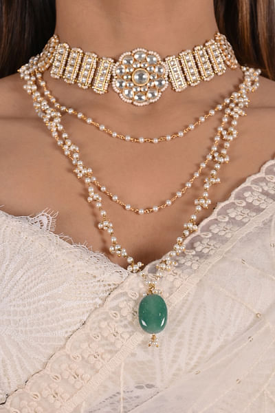 White pearl and kundan layered necklace set