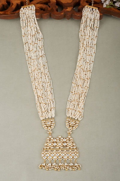 White pearl and kundan stone embellished long necklace