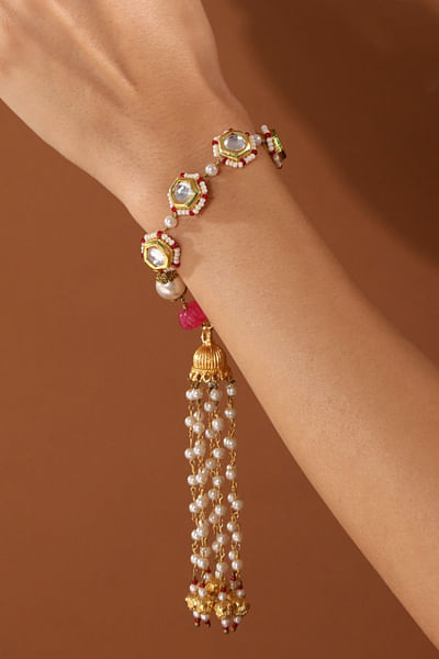 White pearl and polki bead tassel bracelet