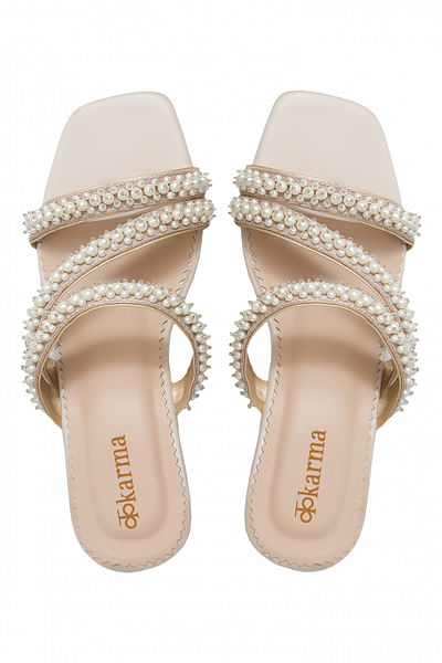 White pearl embellished block heels
