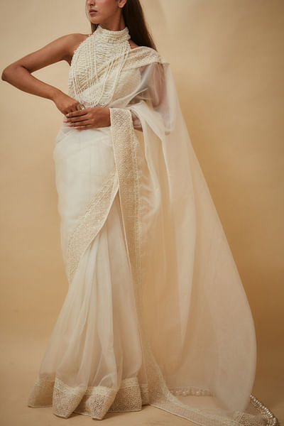 White pearl embellished sari set
