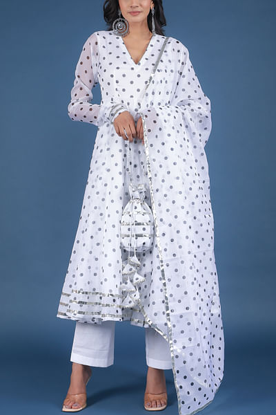 White polka dot print anarkali set