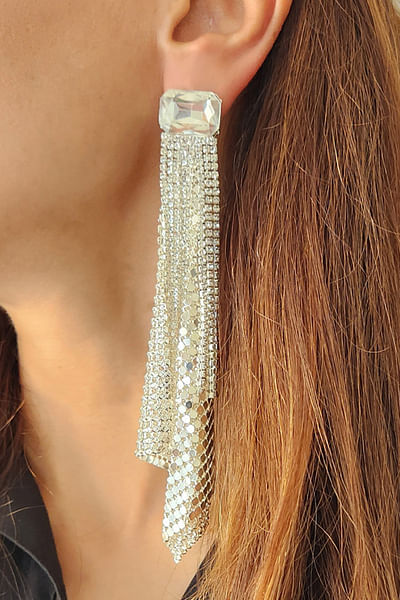 White rhinestone chainmail earrings