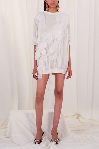 White ruffled long top