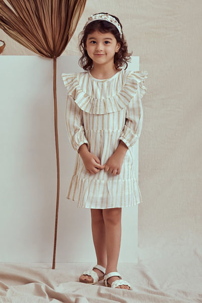 White stripe print ruffle dress