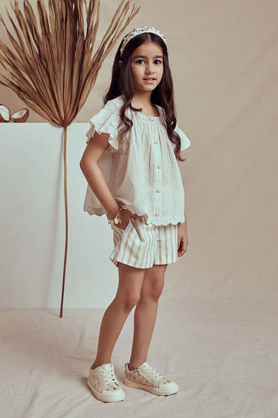 White stripe print smocked co-ords