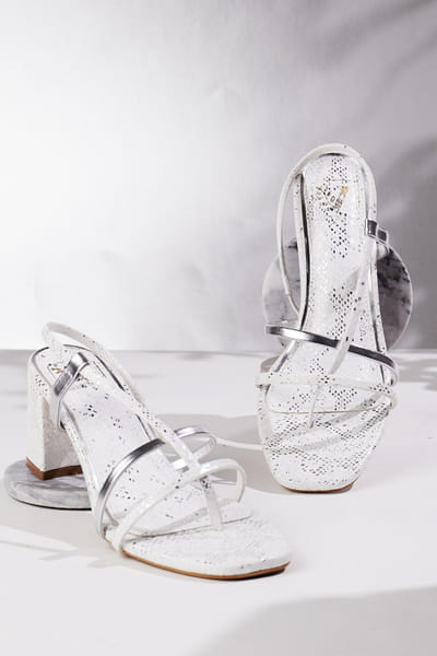 White textured strappy heels