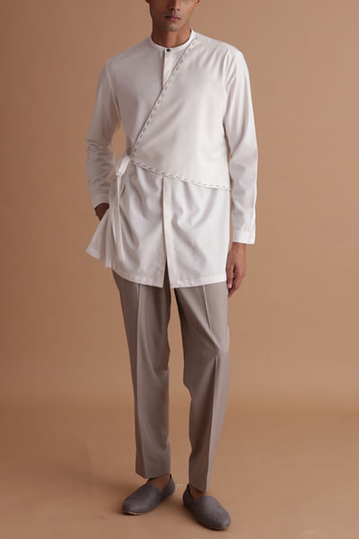 White tie-up terry rayon short kurta set
