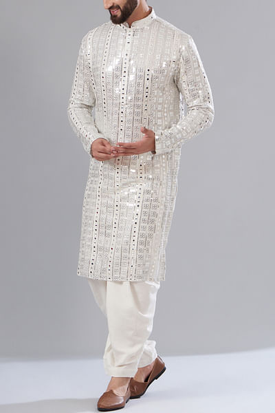 White zari and mirror embroidered kurta