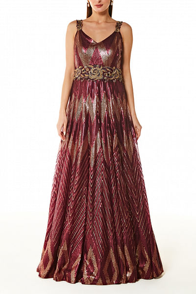 Wine chevron sequin embellished gown