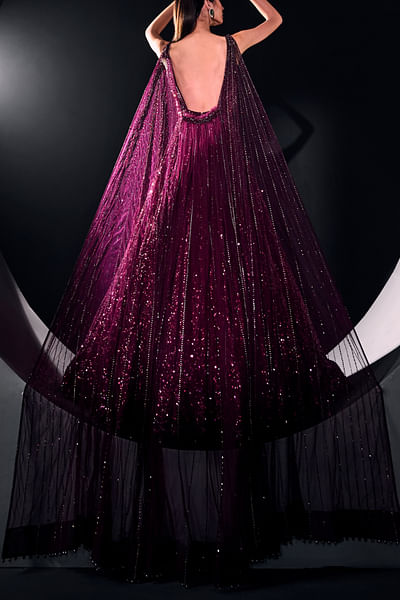 Wine crystal embellished net cape