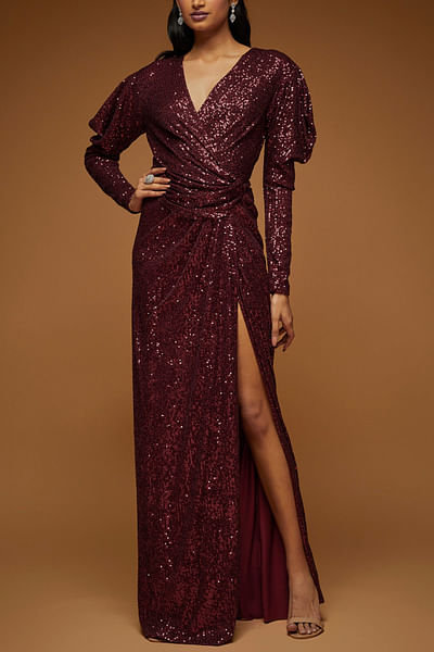 Wine draped sequin gown