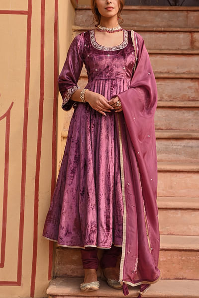 Wine embroidered anarkali set