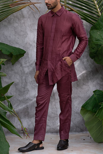 Wine embroidered crushed shirt kurta set