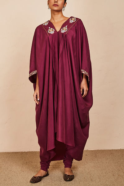 Wine embroidered kaftan set
