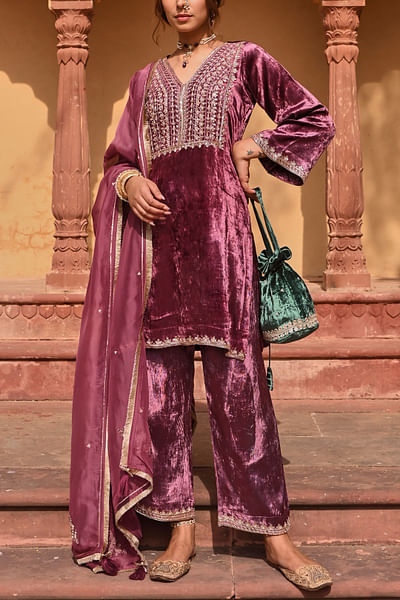 Wine embroidered kurta set
