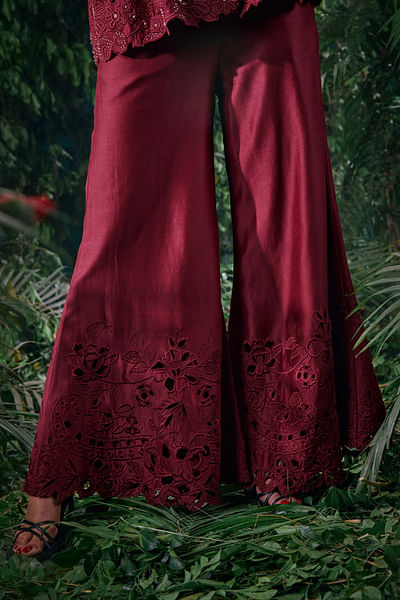 Wine floral cutwork flared pants