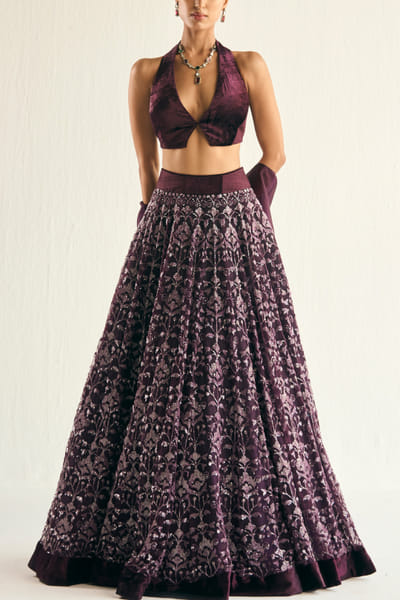 Wine floral sequin embroidery lehenga set