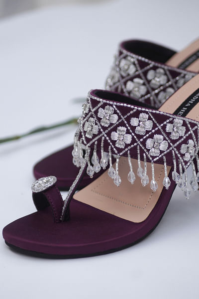 Wine floral zari embroidery block heels