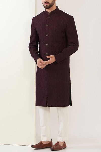 Wine geometric embroidery sherwani