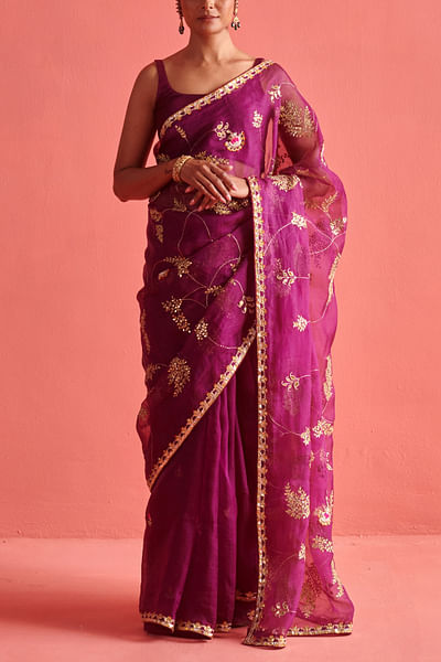 Wine gota patti embroidery sari set