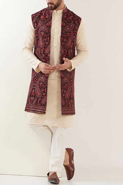 Wine Kashmiri embroidery long shrug