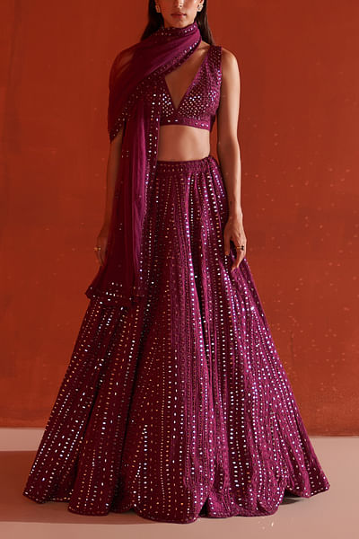Wine linear mirror embroidery lehenga set