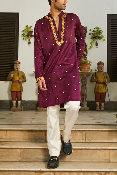Wine mirror embroidery kurta set