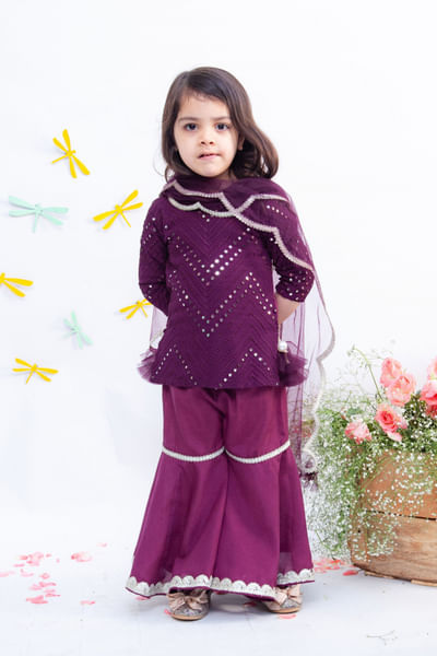 Wine mirror work kurti sharara set