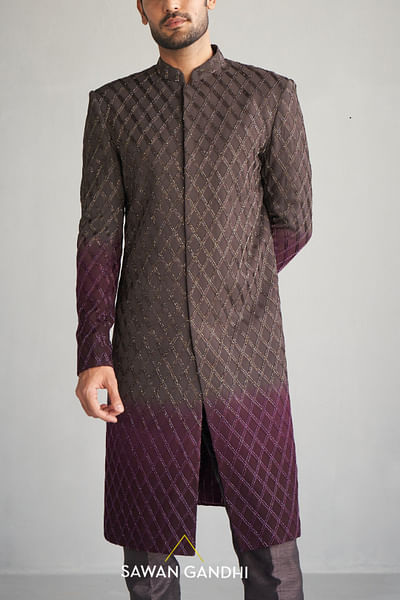 Wine ombre cutdana embellished sherwani set