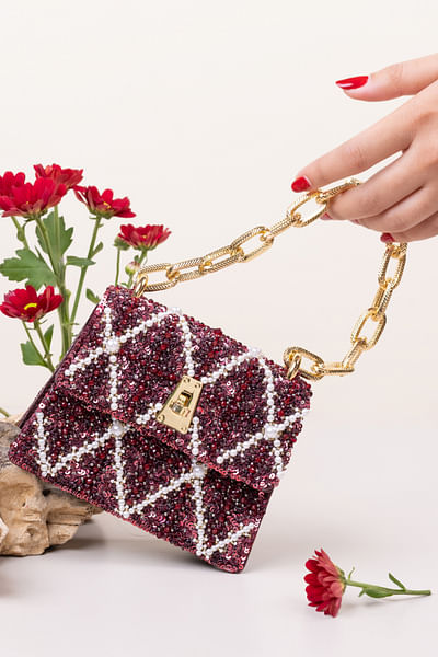 Wine red sequin embellished mini handbag