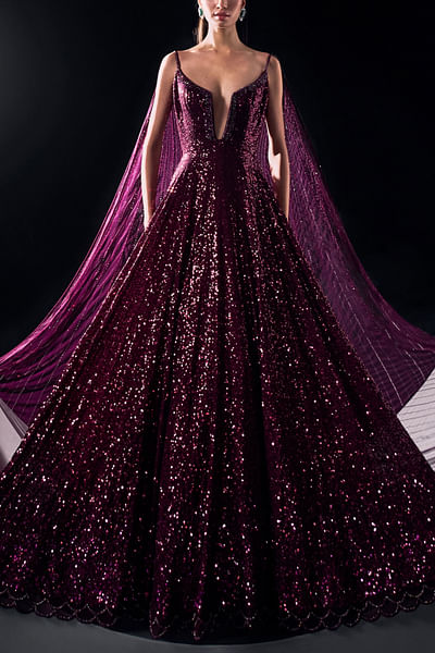Wine sequin embellished gown