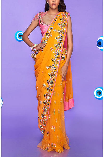 Yellow 3D embellished pre-stitched saree set