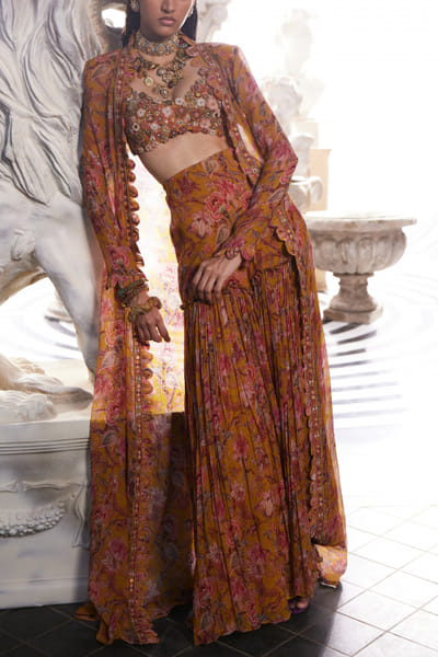 Yellow 3D floral embroidery sharara set