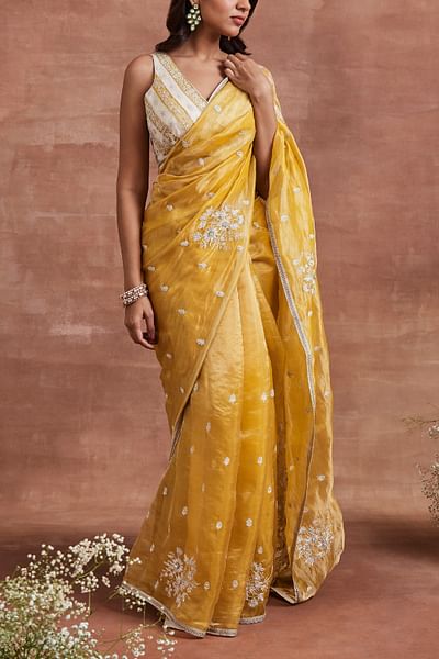 Yellow aari embroidery sari set
