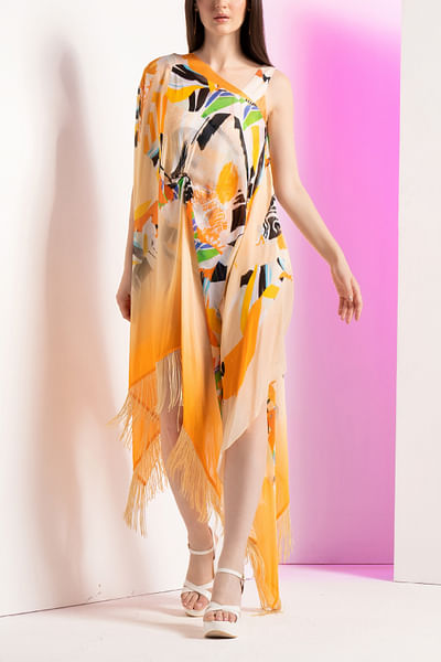 Yellow abstract print bodysuit and cape