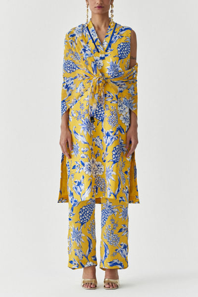 Yellow and blue pineapple print kurta set