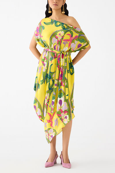 Yellow and green floral print draped dress