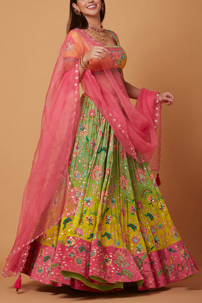 Yellow and green ombre embroidered lehenga set
