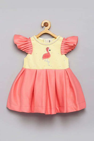Yellow and peach 3D flamingo detail dress
