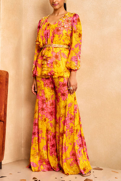 Yellow and pink floral print kurta