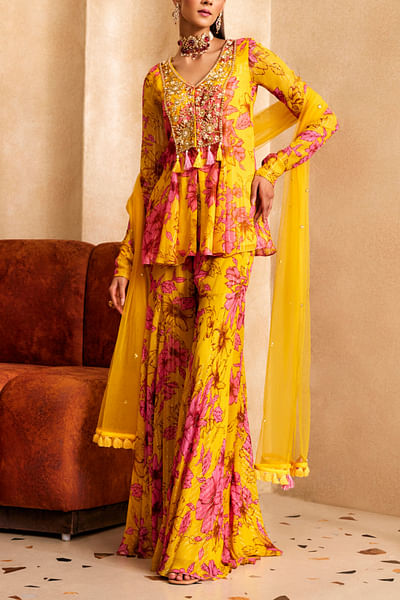 Yellow and pink floral printed kurta set