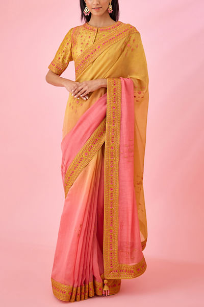 Yellow and pink ombre chanderi sari set