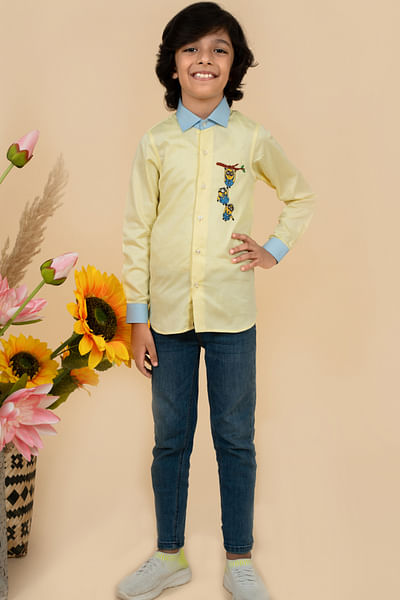 Yellow and sky blue minion embroidery shirt