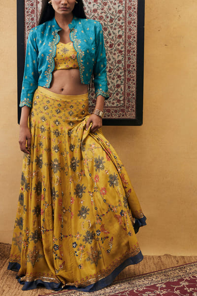 Soup by Sougat Paul Yellow and turquoise embellished lehenga set SSPJANDP22306