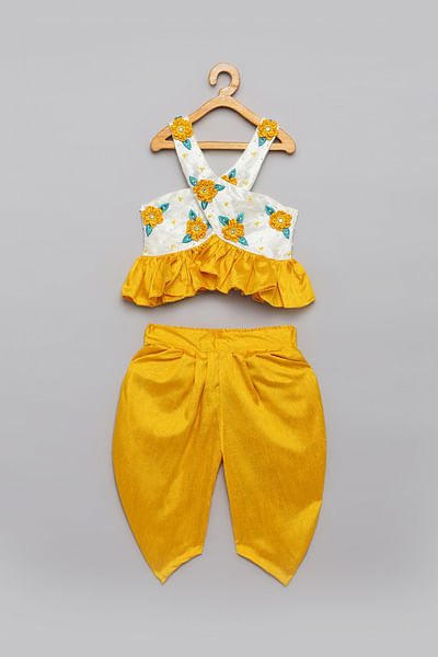 Yellow and white 3D floral dhoti set
