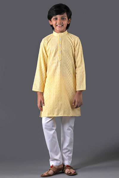 Yellow and white chikankari embroidered kurta set