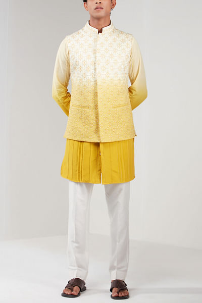 Yellow and white ombre embroidered Nehru jacket